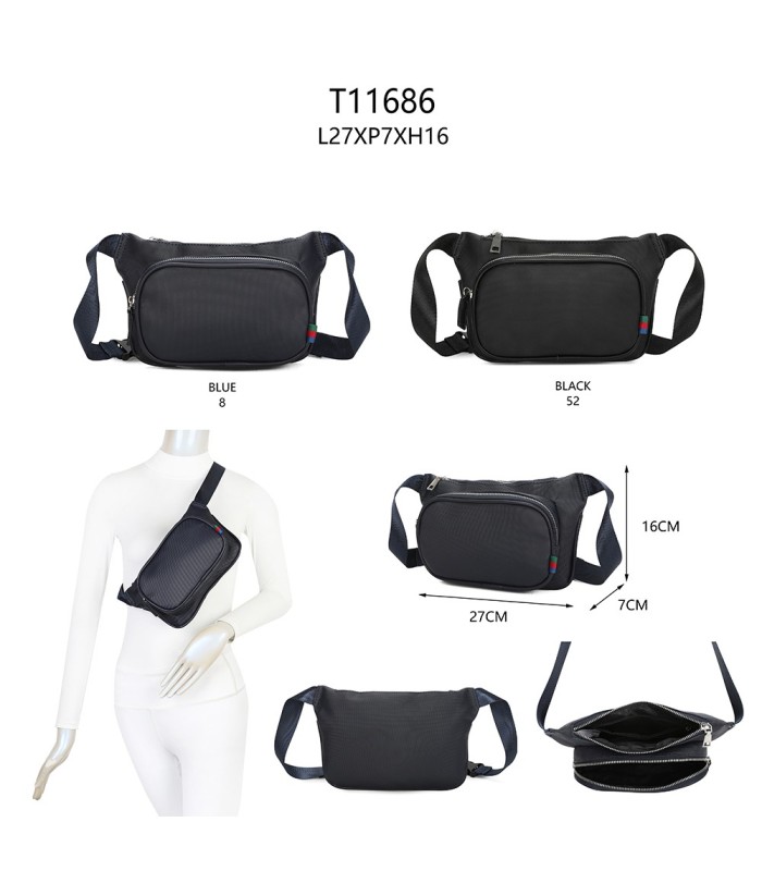 T11686 - Bolso bandolera riñonera con dos compartimentos de cremallera