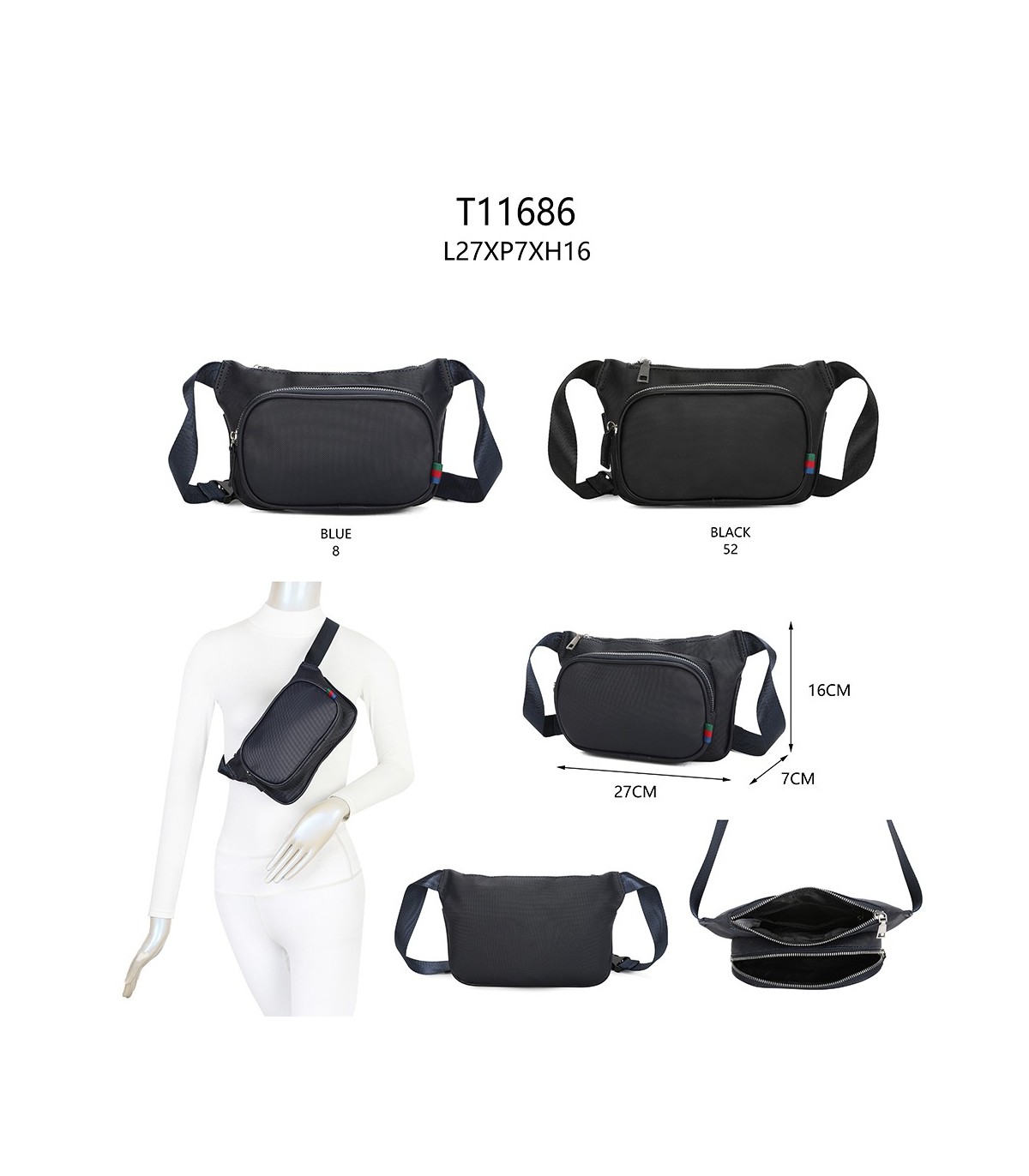 T11686 - Bolso bandolera riñonera con dos compartimentos de cremallera