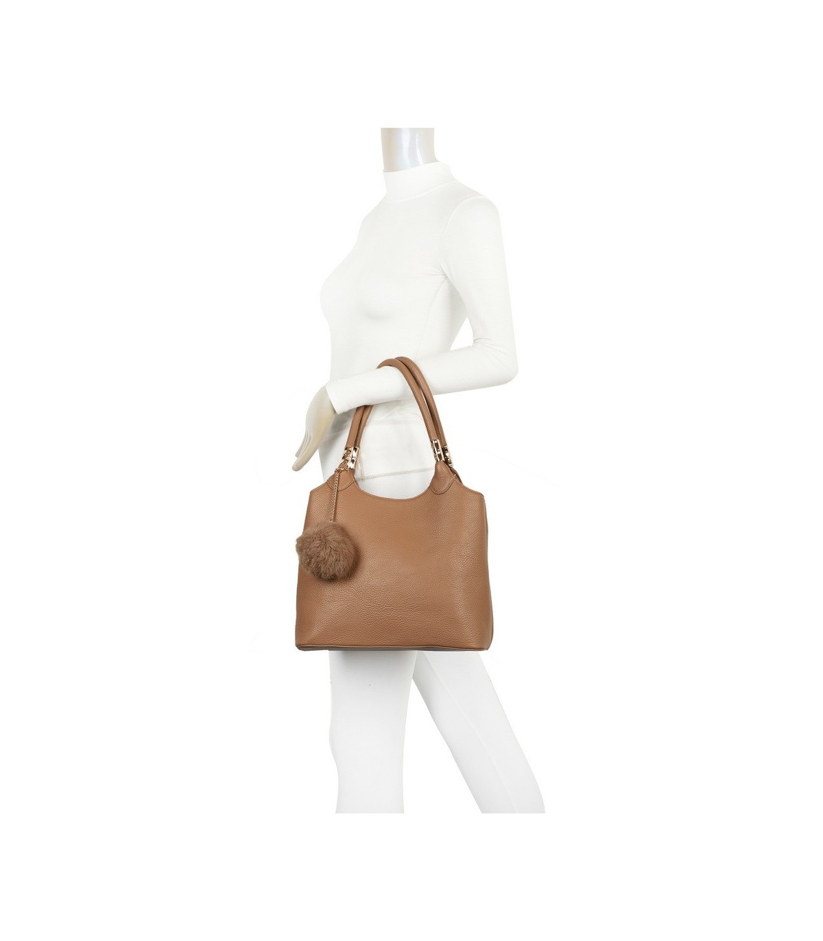 T11699 - Bolso con pompón y asa para bandolera de tres compartimentos