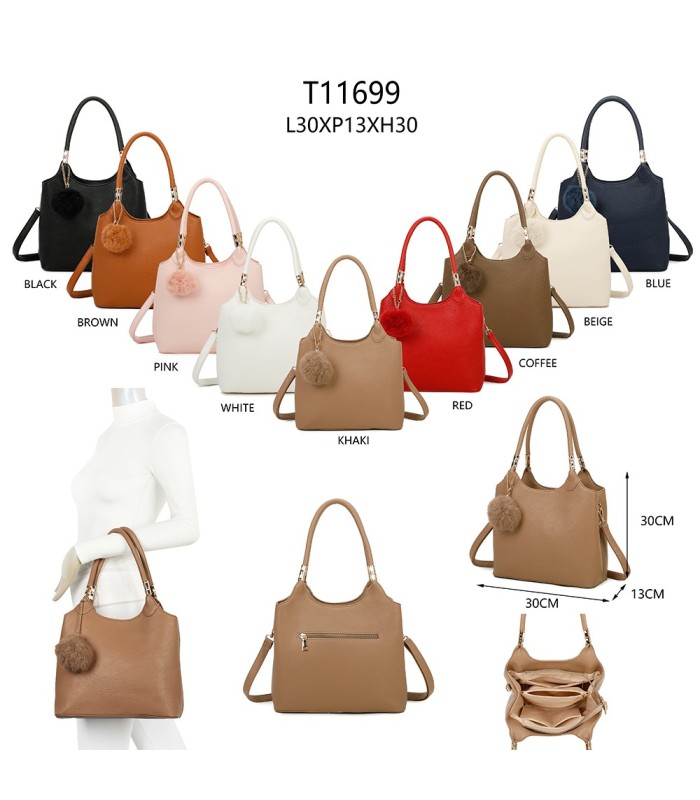 T11699 - Bolso con pompón y asa para bandolera de tres compartimentos