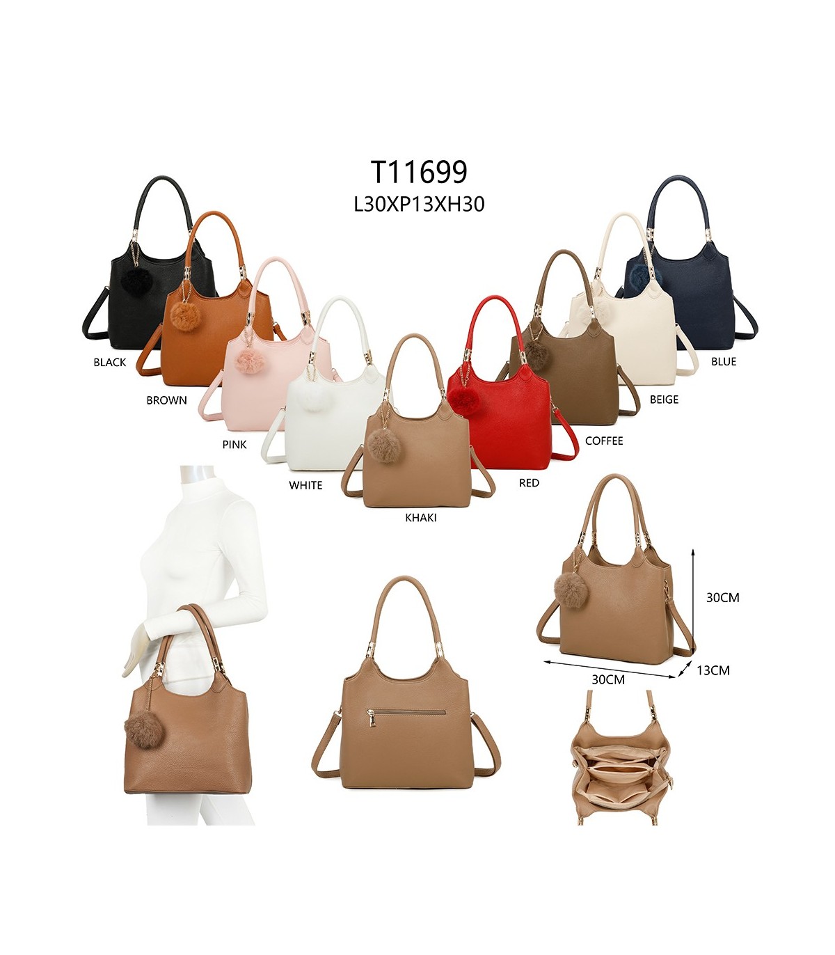 T11699 - Bolso con pompón y asa para bandolera de tres compartimentos