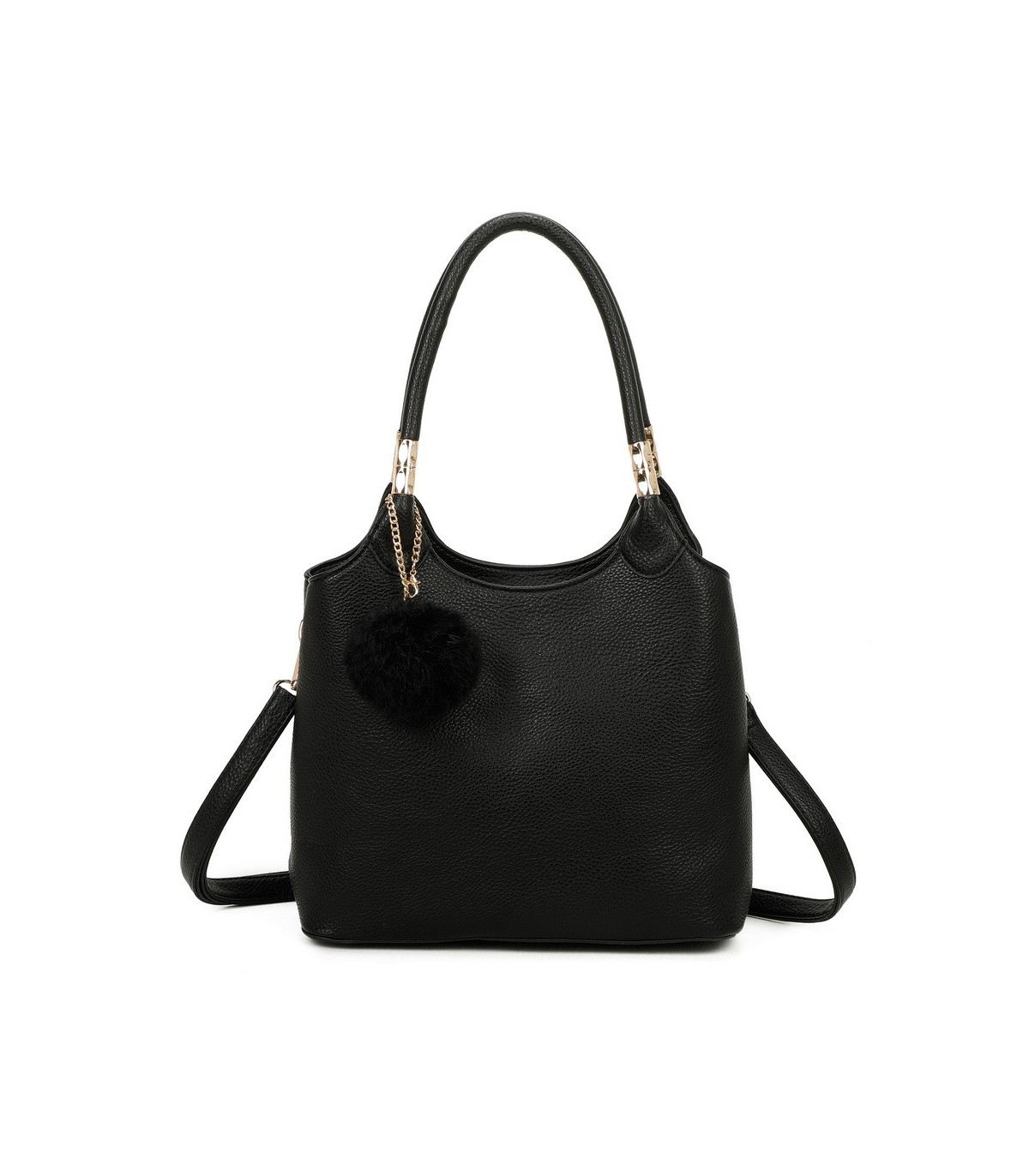 T11699 - Bolso con pompón y asa para bandolera de tres compartimentos