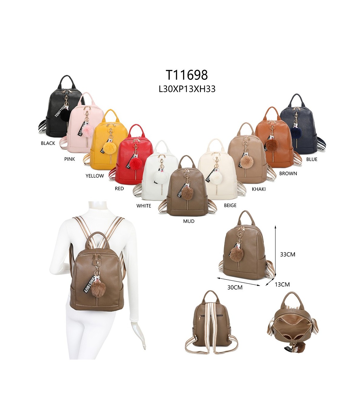 T11698 - Mochila con borla de color espaciosa con un compartimento y cremallera