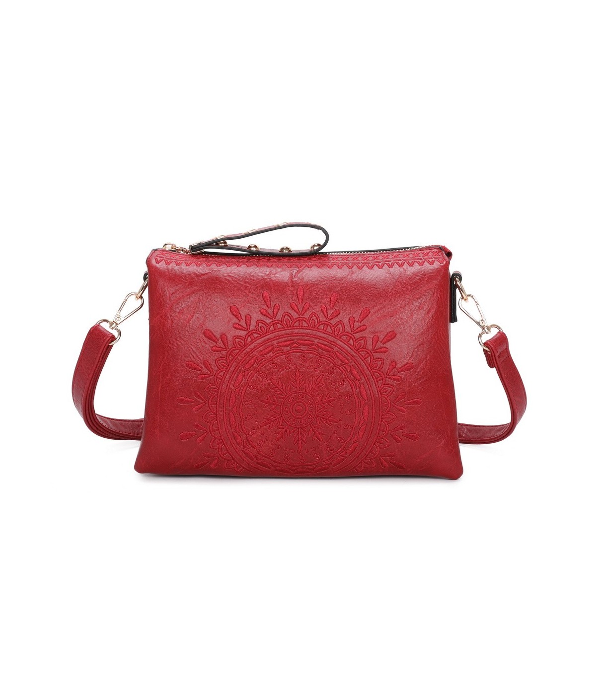 T11519 - Bolso con triple compartimento de para mujer con bordado de un sol