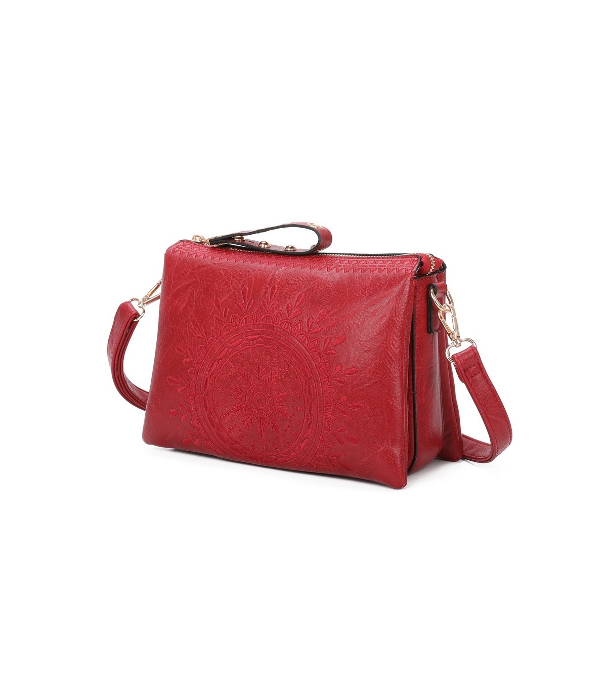 T11519 - Bolso con triple compartimento de para mujer con bordado de un sol