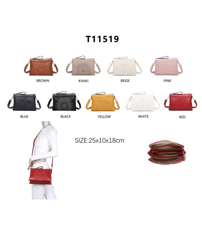 T11519 - Bolso con triple compartimento de para mujer con bordado de un sol