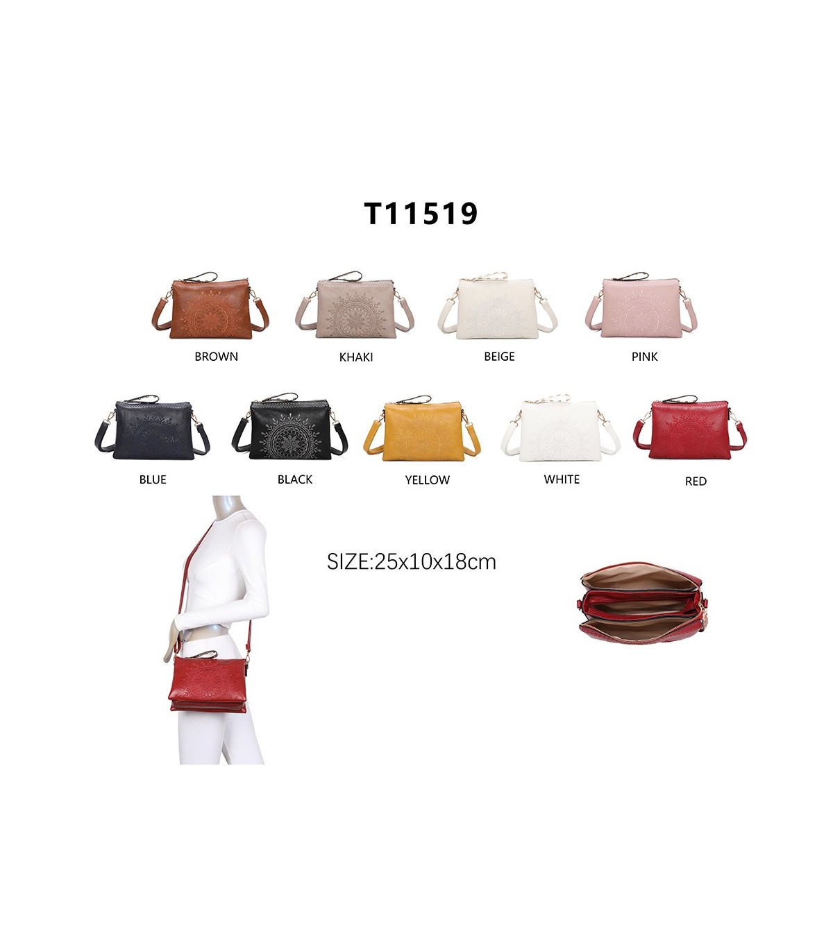 T11519 - Bolso con triple compartimento de para mujer con bordado de un sol