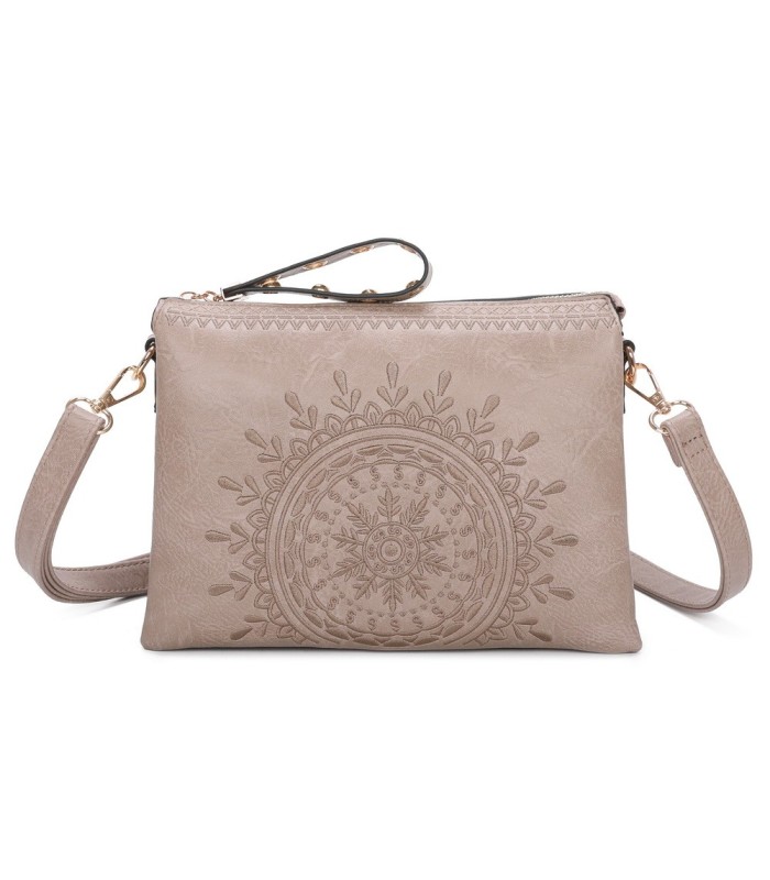 T11519 - Bolso con triple compartimento de para mujer con bordado de un sol