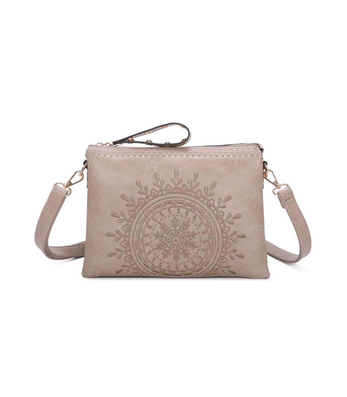 T11519 - Bolso con triple compartimento de para mujer con bordado de un sol