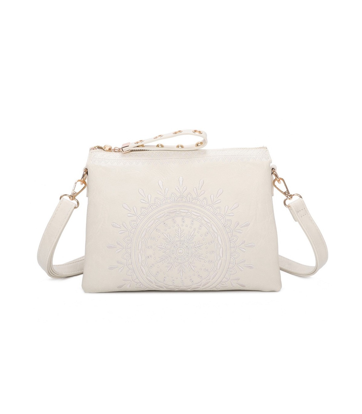T11519 - Bolso con triple compartimento de para mujer con bordado de un sol
