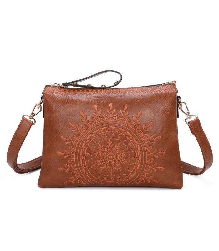 T11519 - Bolso con triple compartimento de para mujer con bordado de un sol