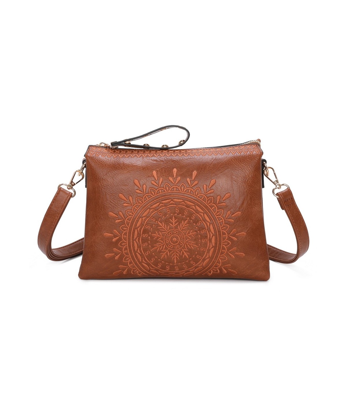 T11519 - Bolso con triple compartimento de para mujer con bordado de un sol