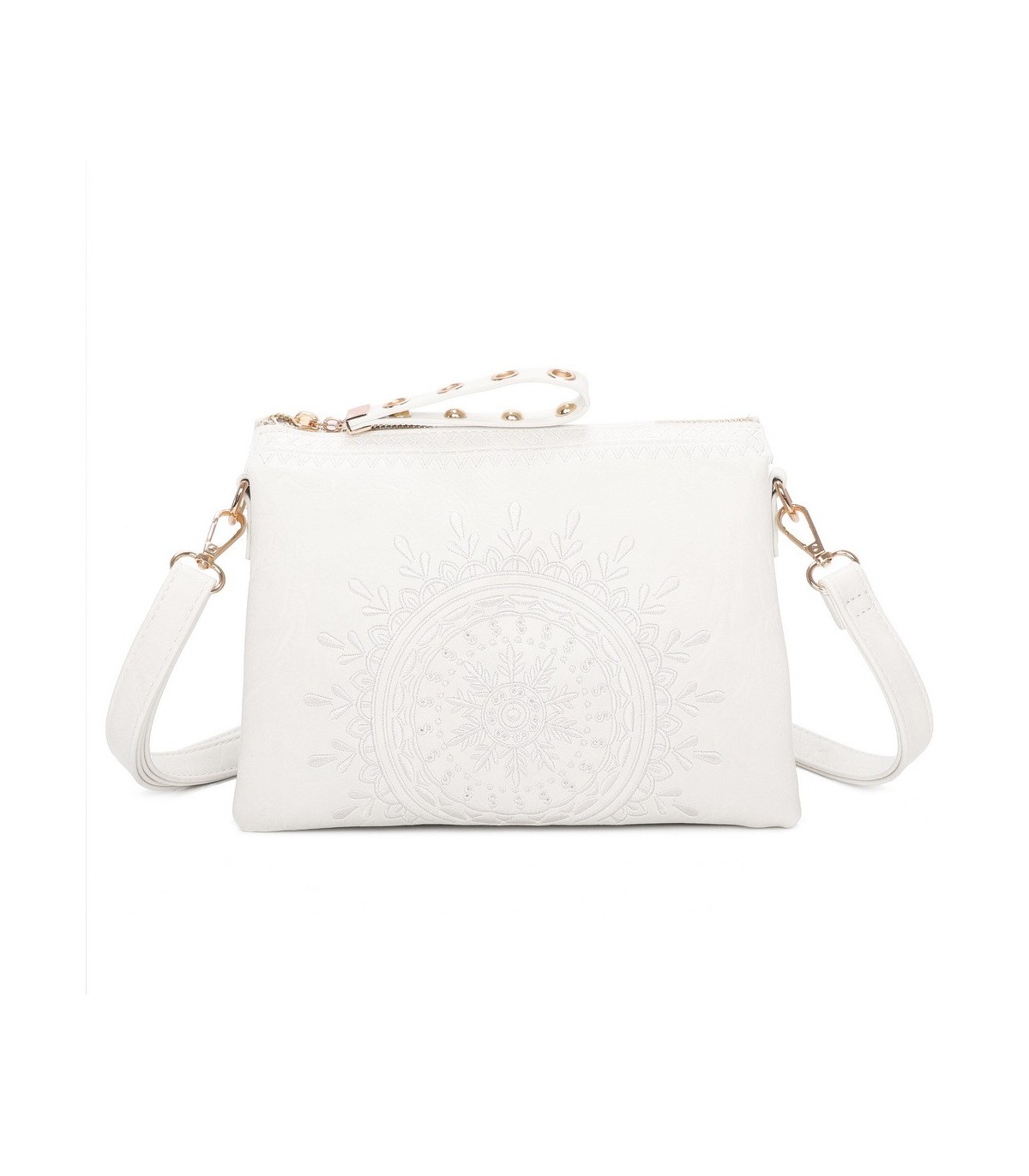 T11519 - Bolso con triple compartimento de para mujer con bordado de un sol
