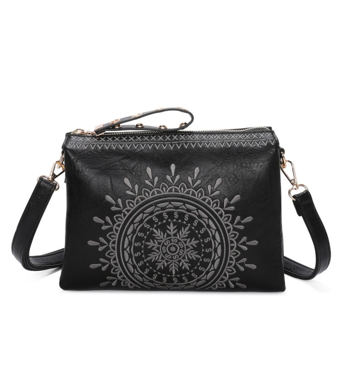 T11519 - Bolso con triple compartimento de para mujer con bordado de un sol