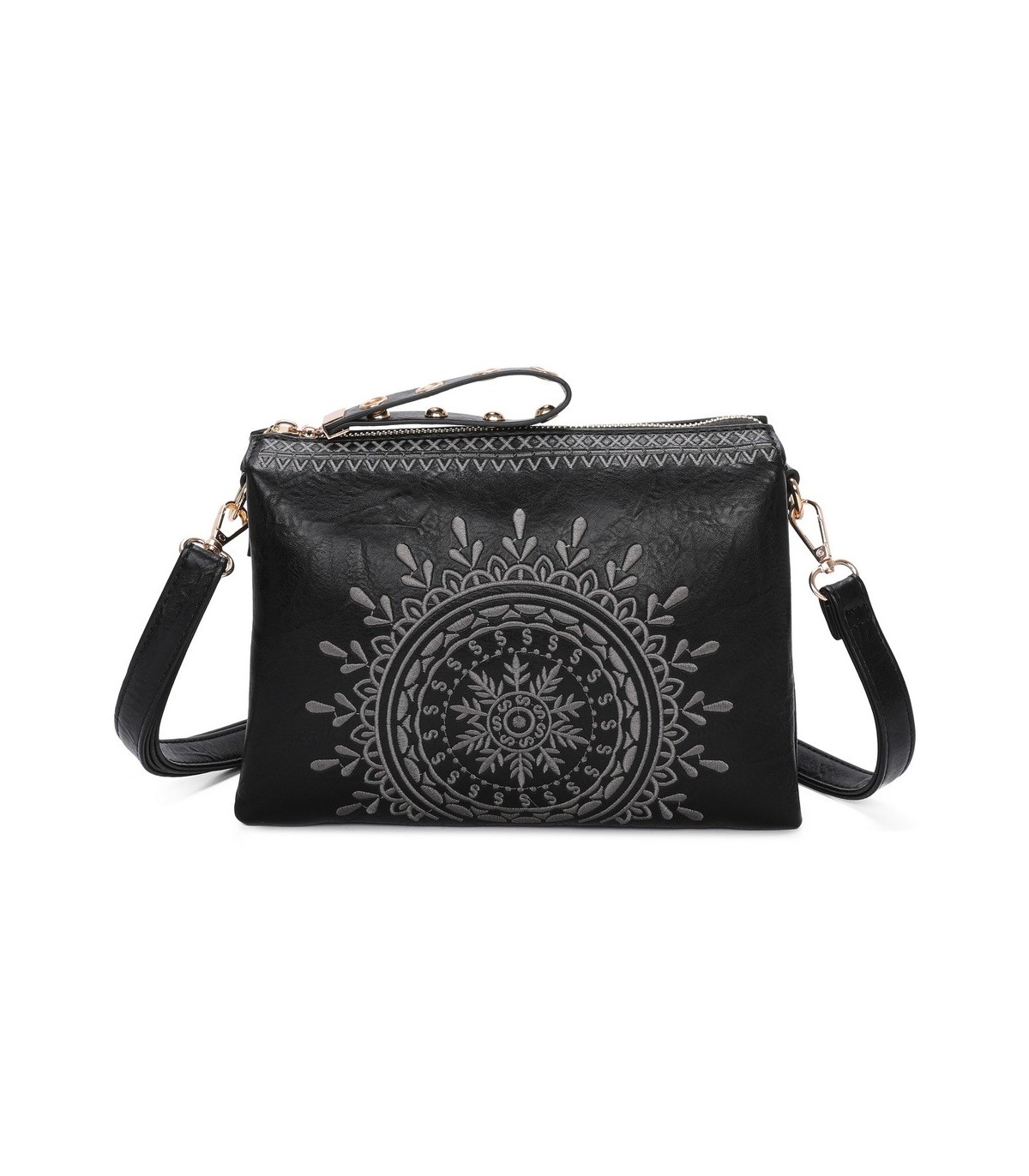 T11519 - Bolso con triple compartimento de para mujer con bordado de un sol