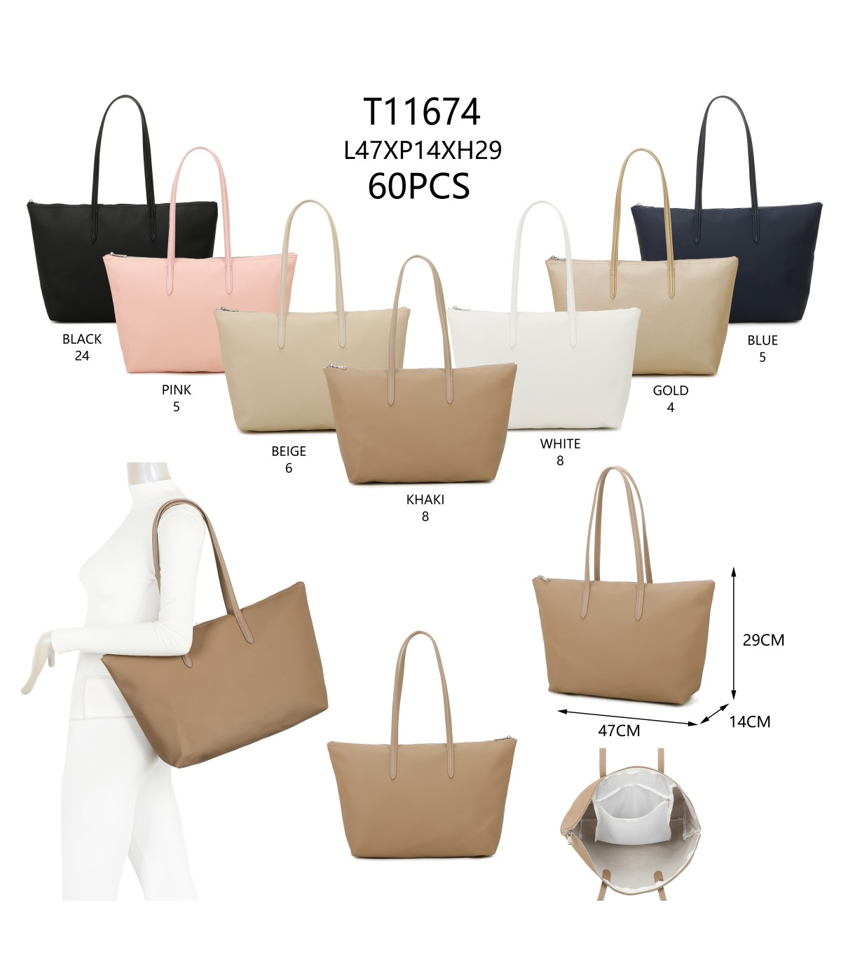 T11674 - Bolso de asa grande para mujer con bolsillo interno