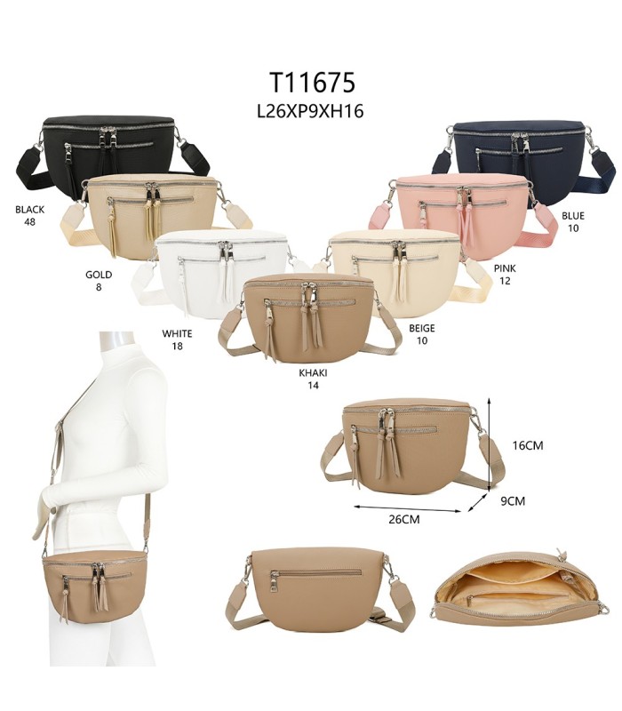 T11675 - Bolso estilo riñonera con bolsillo frontal con borla