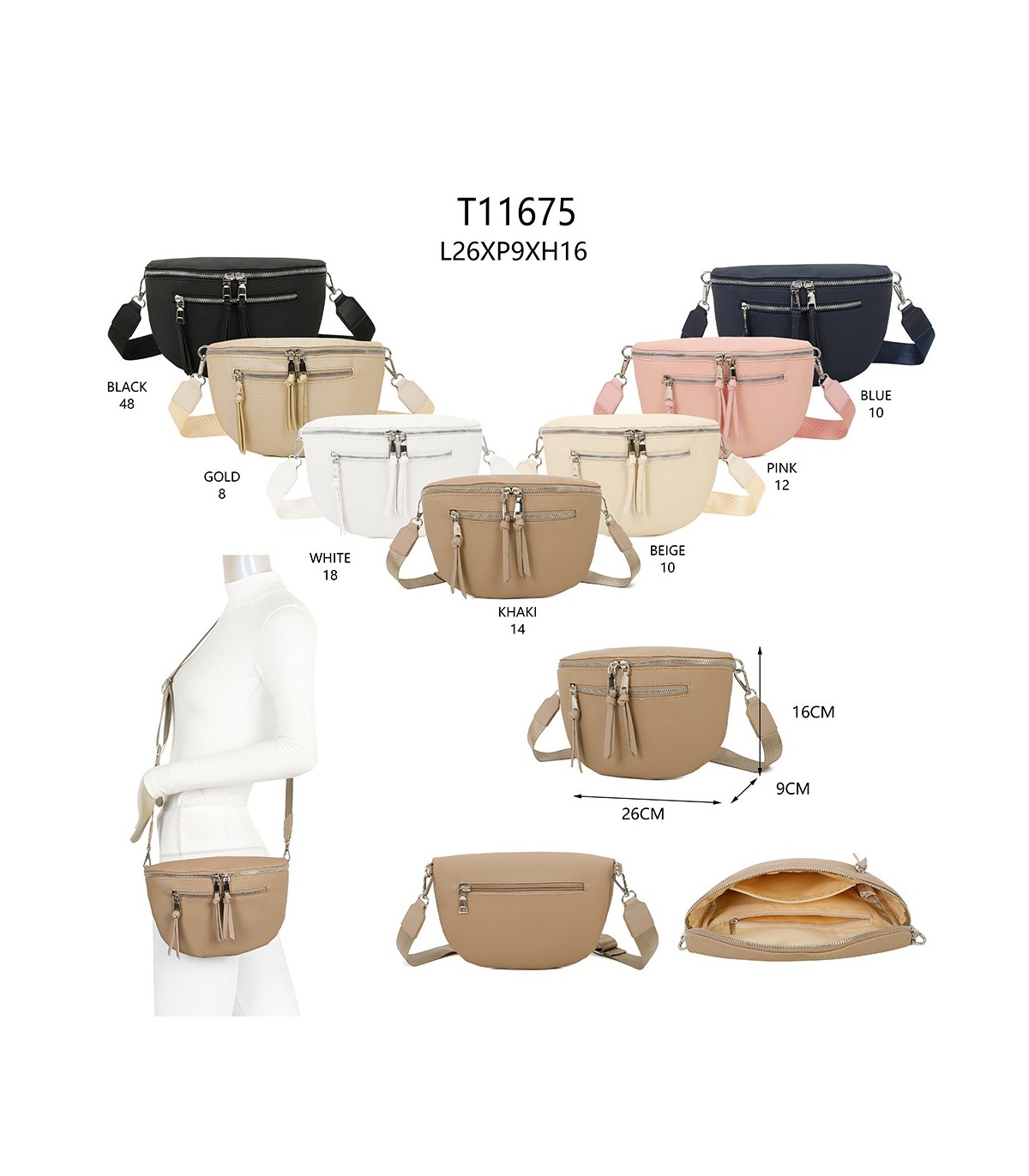 T11675 - Bolso estilo riñonera con bolsillo frontal con borla