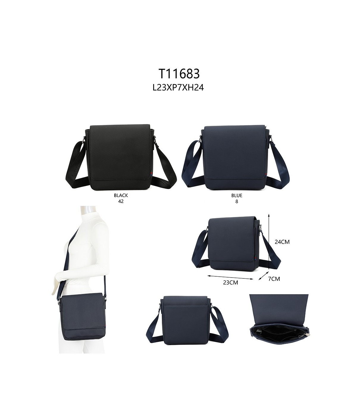 T11683 - Bolso para hombre cuadrado con bolsillo trasero y cierre de botón y solapa grande