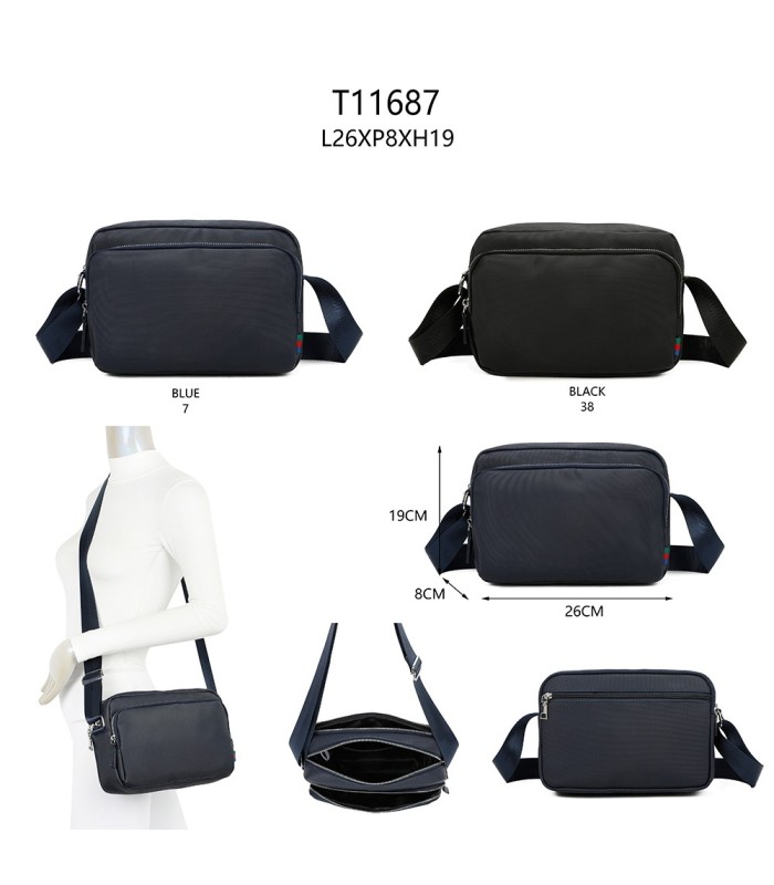 T11687 - Bolso cruzado con bandolera larga y 3 compartimentos