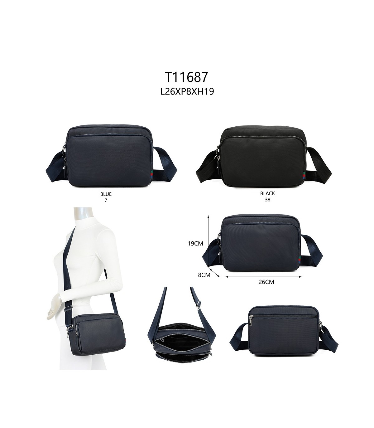 T11687 - Bolso cruzado con bandolera larga y 3 compartimentos