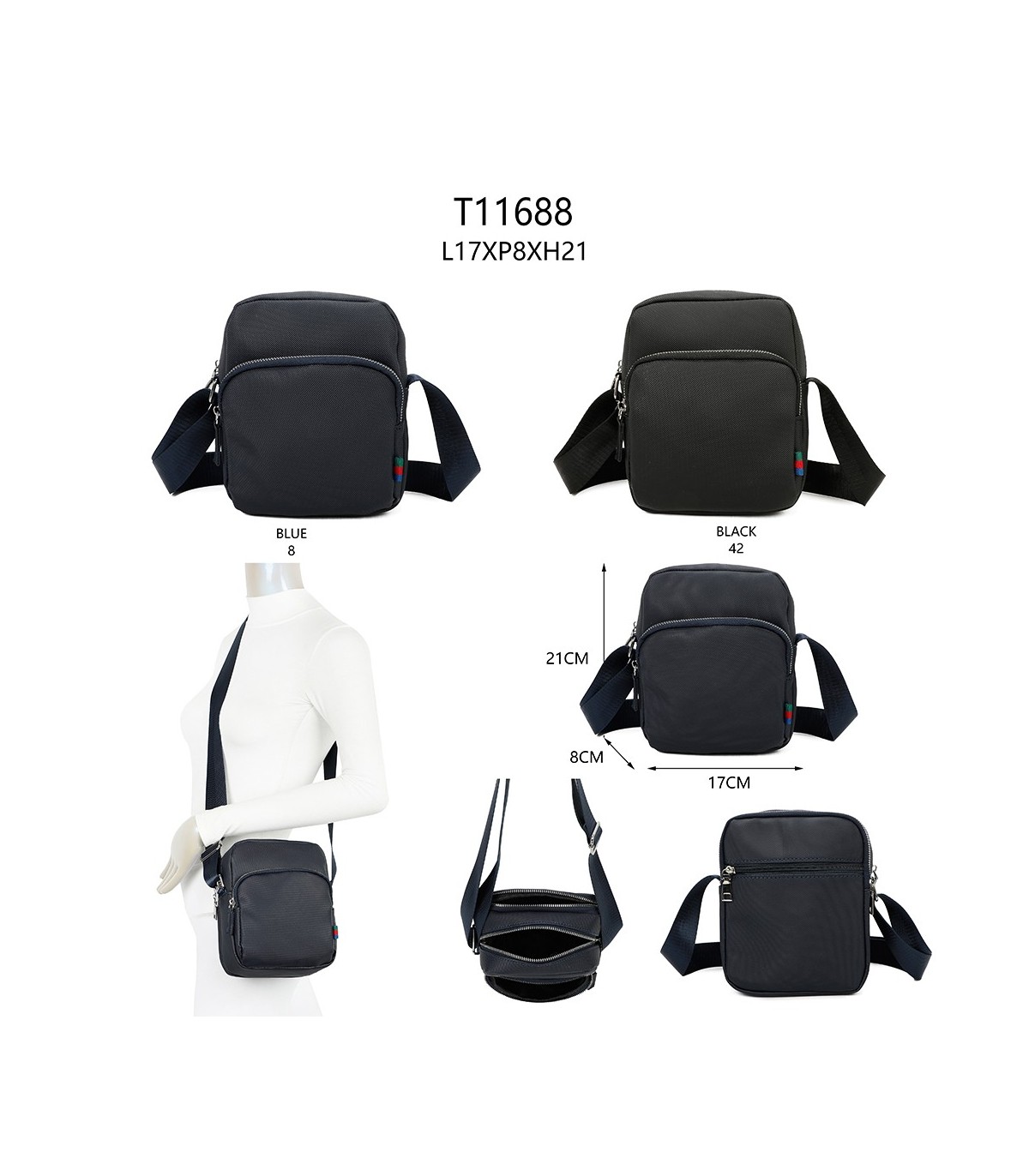 T11688 - Bolso bandolera para caballero con bolsillo trasero y gran compartimento interior