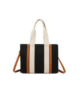 T11704 - Bolso bandolera negro de rayas marrones y beige para mujer con asa grande y bandolera a juego
