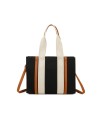 T11704 - Bolso bandolera negro de rayas marrones y beige para mujer con asa grande y bandolera a juego