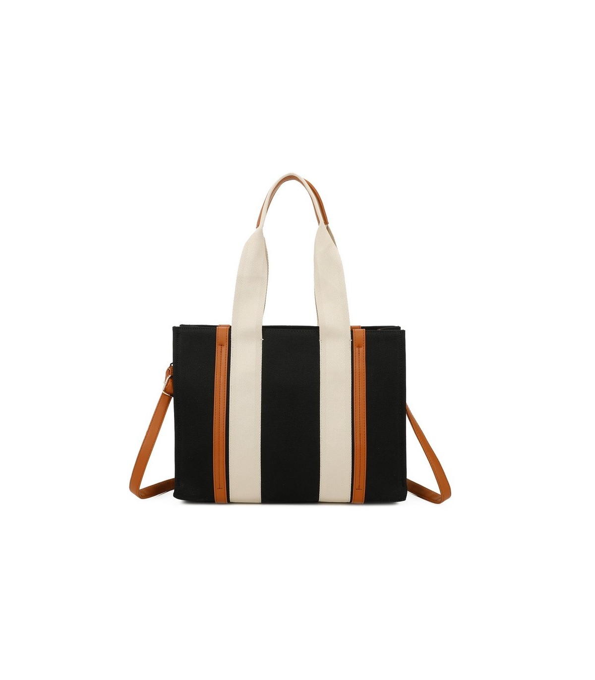 T11704 - Bolso bandolera negro de rayas marrones y beige para mujer con asa grande y bandolera a juego