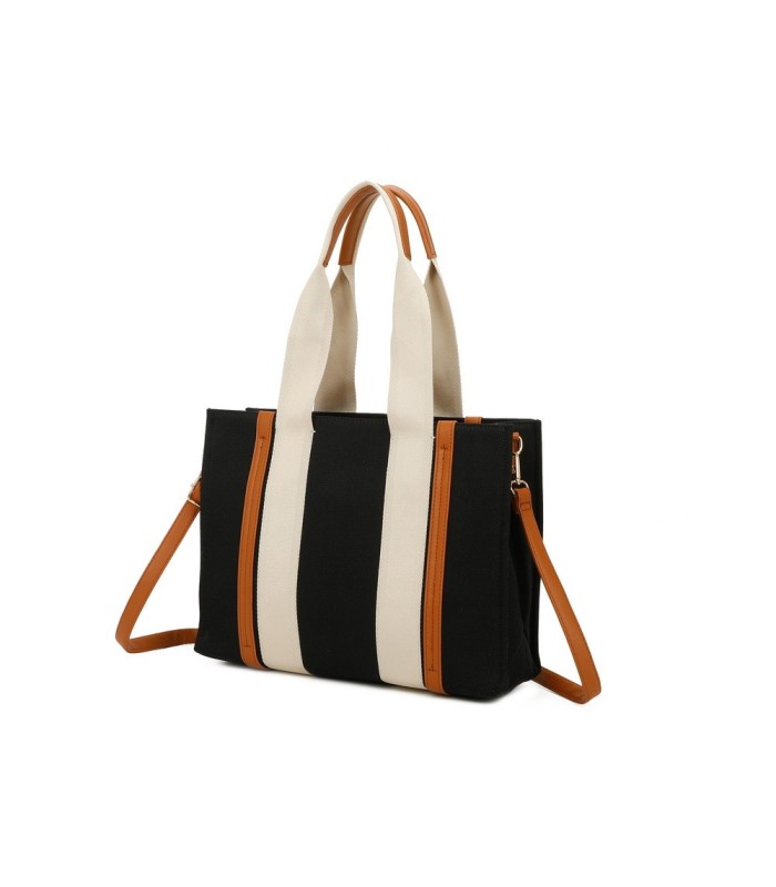 T11704 - Bolso bandolera negro de rayas marrones y beige para mujer con asa grande y bandolera a juego