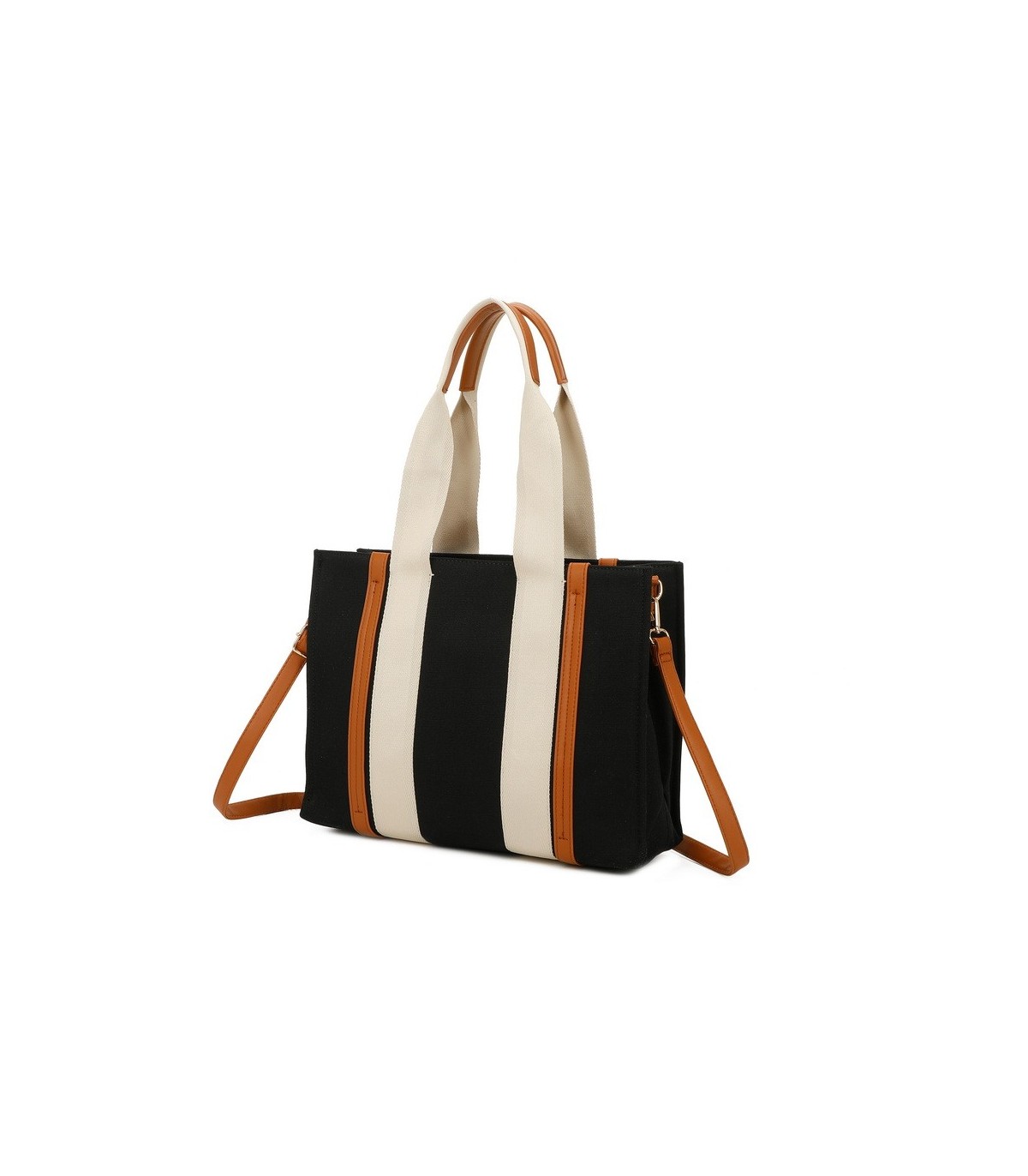 T11704 - Bolso bandolera negro de rayas marrones y beige para mujer con asa grande y bandolera a juego