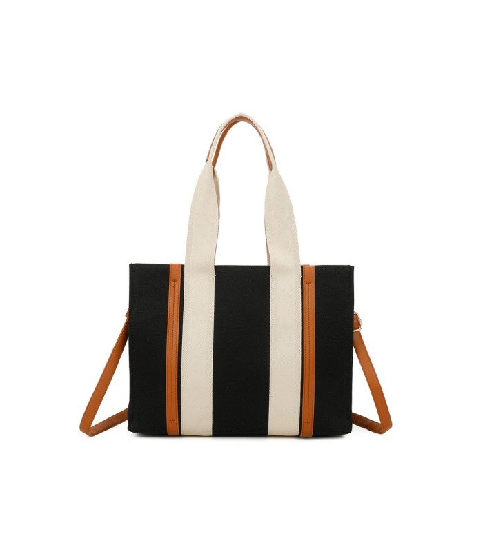 T11704 - Bolso bandolera negro de rayas marrones y beige para mujer con asa grande y bandolera a juego