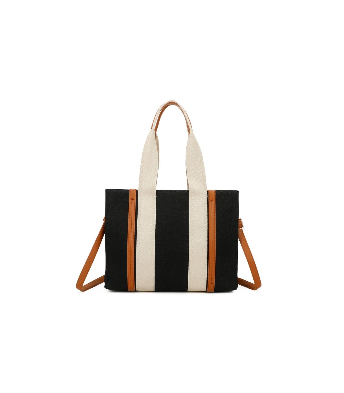 T11704 - Bolso bandolera negro de rayas marrones y beige para mujer con asa grande y bandolera a juego