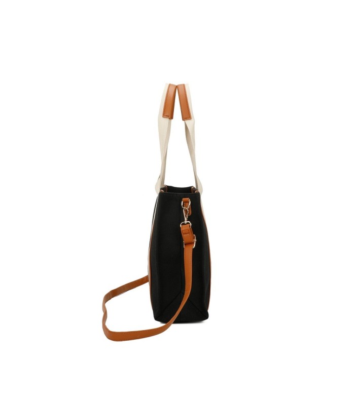 T11704 - Bolso bandolera negro de rayas marrones y beige para mujer con asa grande y bandolera a juego