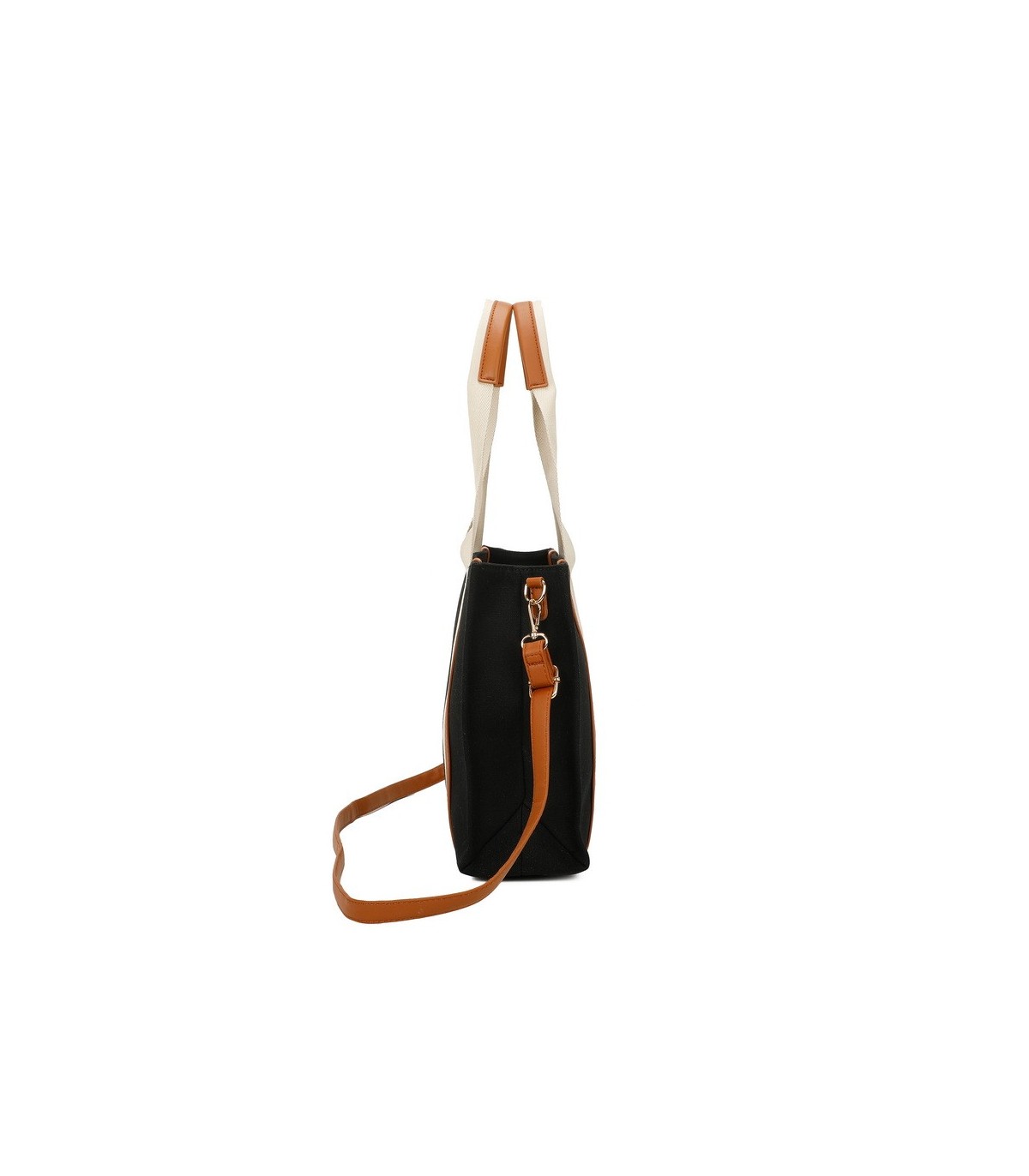 T11704 - Bolso bandolera negro de rayas marrones y beige para mujer con asa grande y bandolera a juego