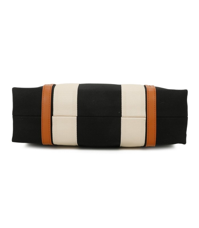 T11704 - Bolso bandolera negro de rayas marrones y beige para mujer con asa grande y bandolera a juego