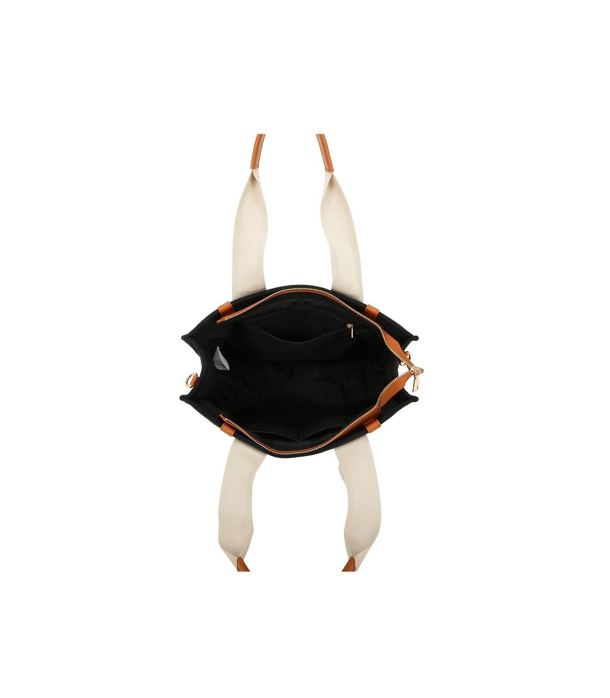 T11704 - Bolso bandolera negro de rayas marrones y beige para mujer con asa grande y bandolera a juego