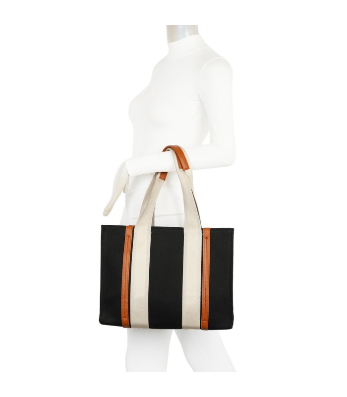 T11704 - Bolso bandolera negro de rayas marrones y beige para mujer con asa grande y bandolera a juego