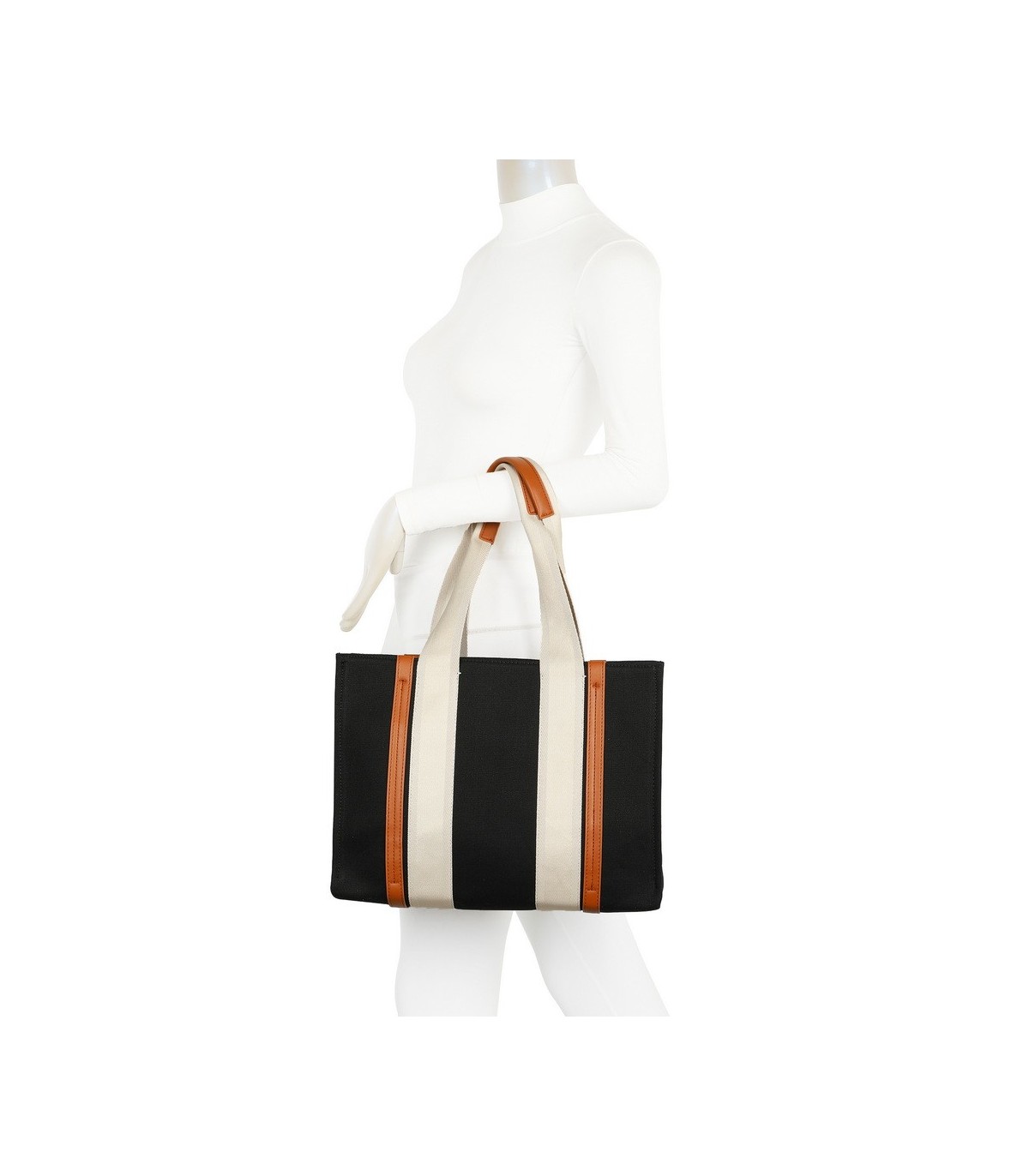 T11704 - Bolso bandolera negro de rayas marrones y beige para mujer con asa grande y bandolera a juego