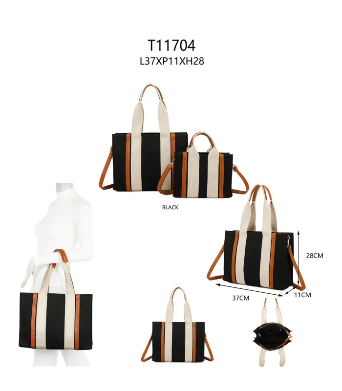 T11704 - Bolso bandolera negro de rayas marrones y beige para mujer con asa grande y bandolera a juego