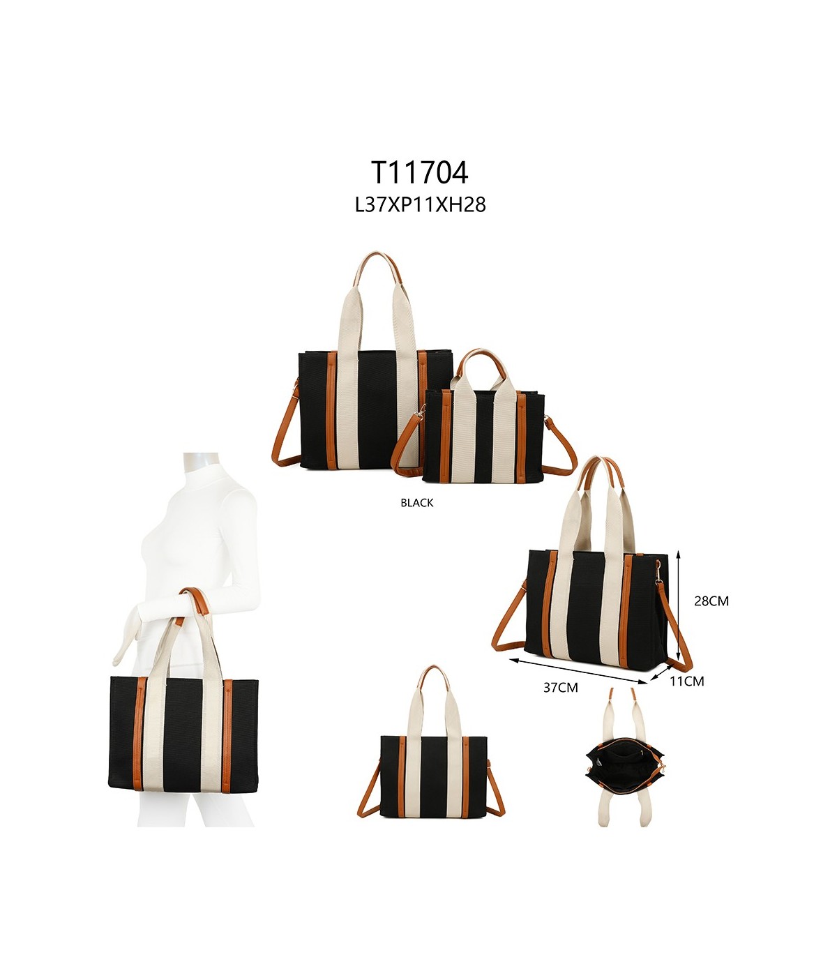 T11704 - Bolso bandolera negro de rayas marrones y beige para mujer con asa grande y bandolera a juego