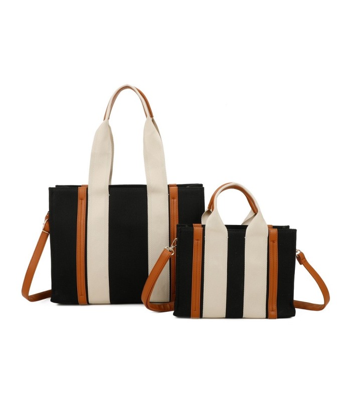 T11704 - Bolso bandolera negro de rayas marrones y beige para mujer con asa grande y bandolera a juego