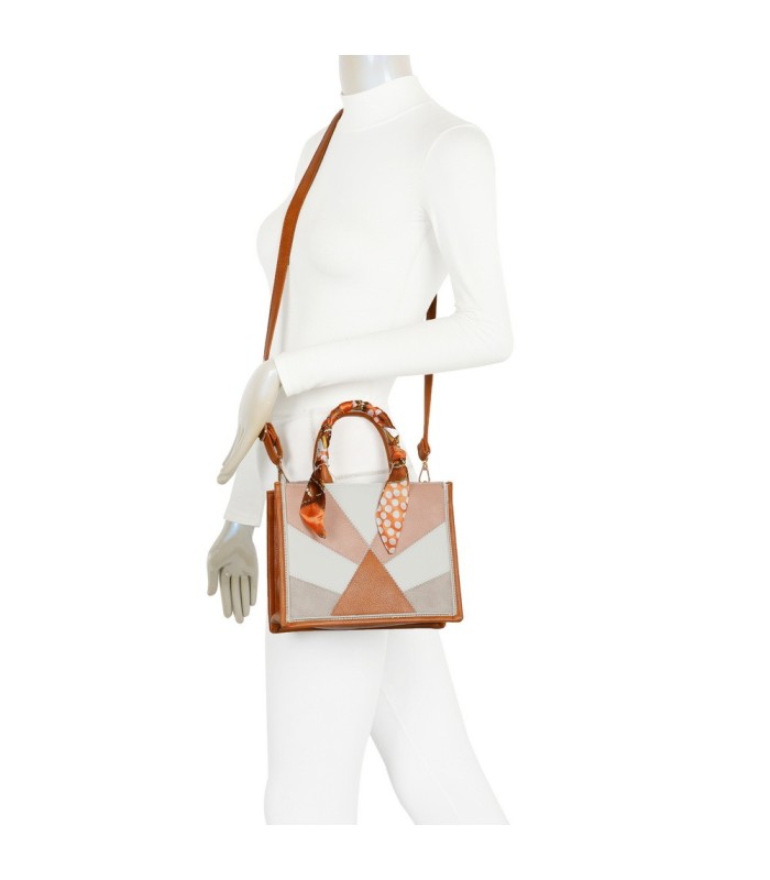 T11705 - Bolso para mujer con bandolera y pañuelo  motivos geométricos de varios colores