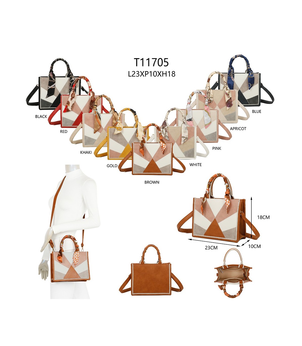 T11705 - Bolso para mujer con bandolera y pañuelo  motivos geométricos de varios colores