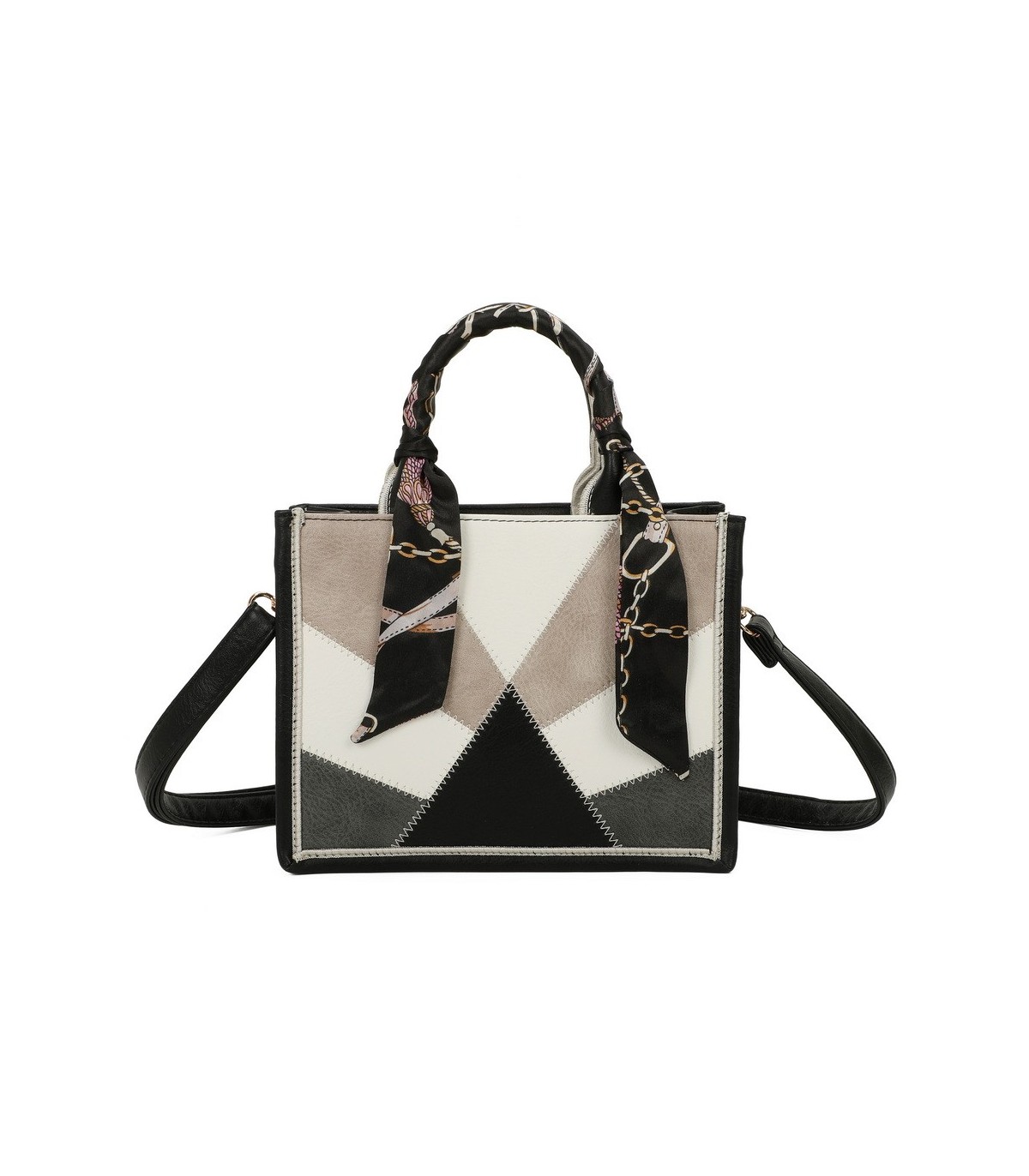 T11705 - Bolso para mujer con bandolera y pañuelo  motivos geométricos de varios colores