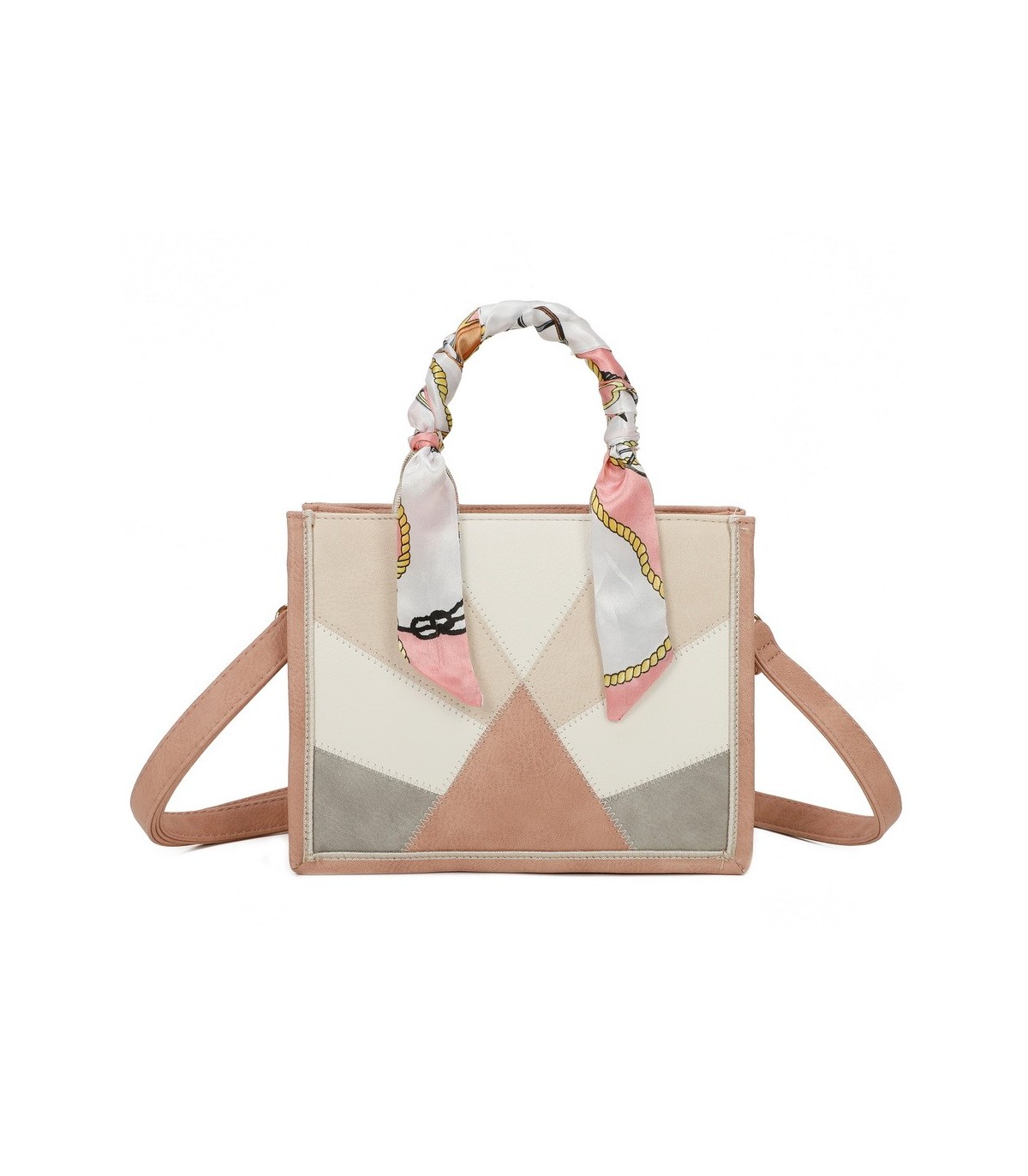 T11705 - Bolso para mujer con bandolera y pañuelo  motivos geométricos de varios colores