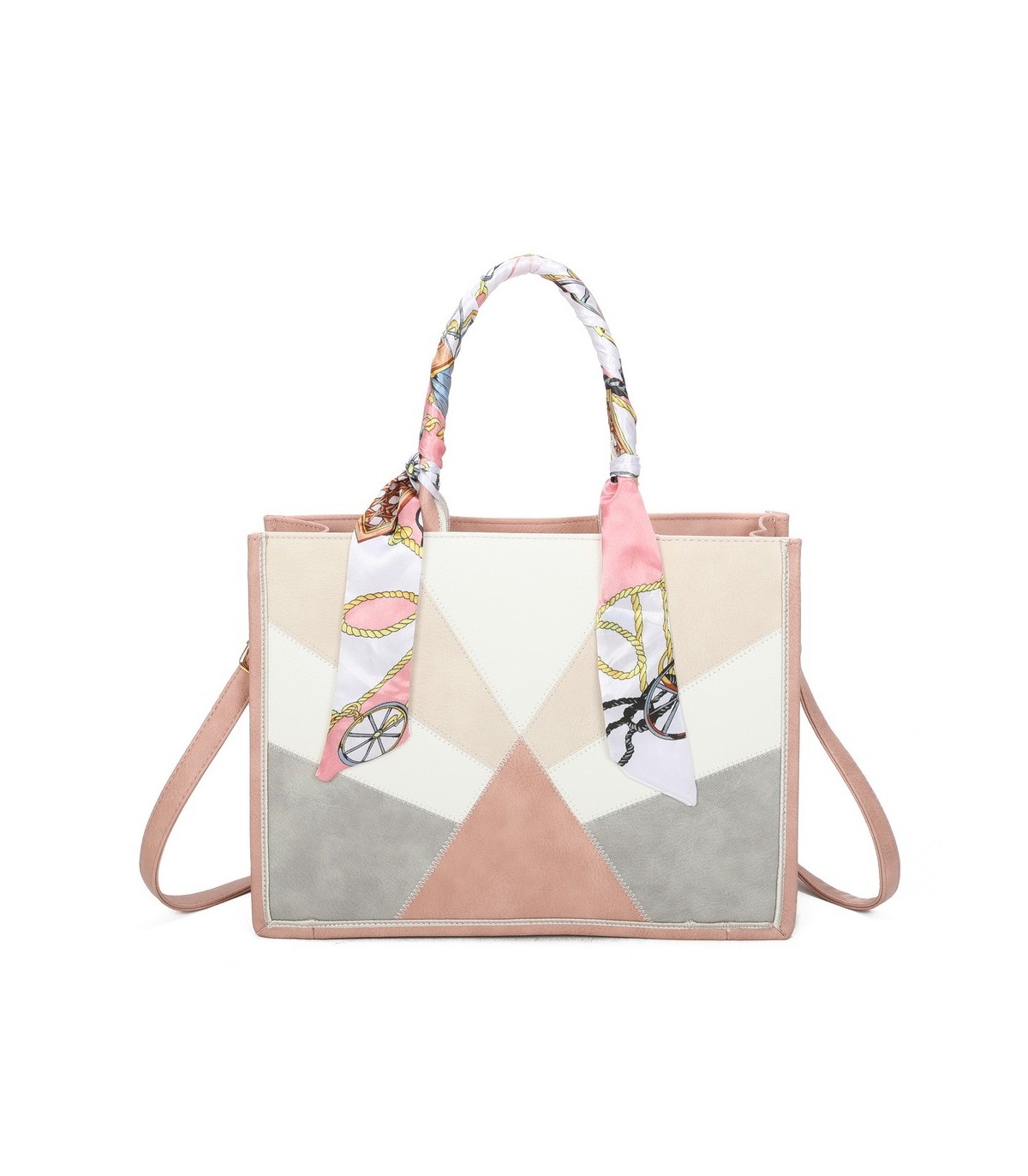 T11706 - Bolso de motivo triangular de colores para mujer con asa y pañuelo muy bonito