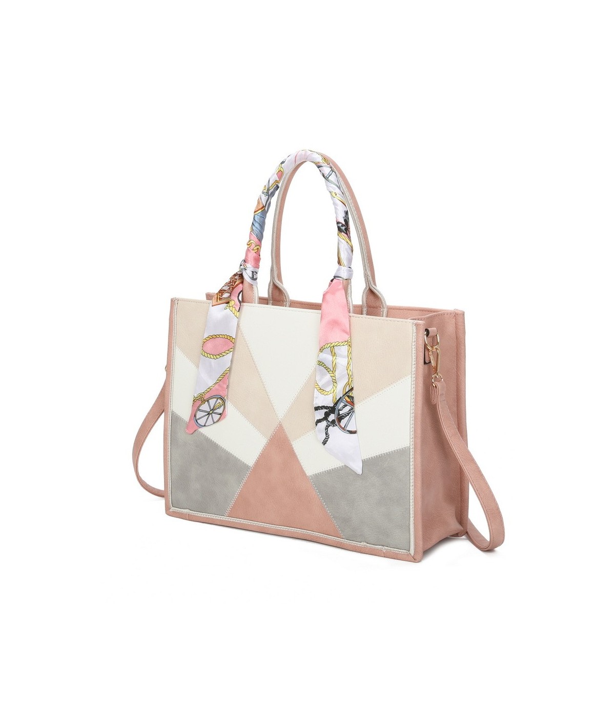 T11706 - Bolso de motivo triangular de colores para mujer con asa y pañuelo muy bonito
