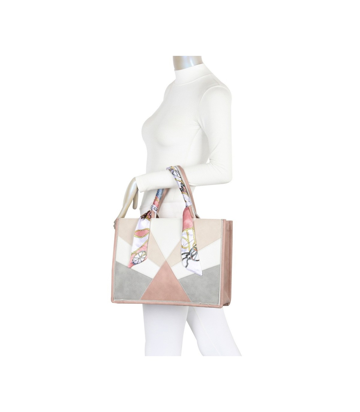 T11706 - Bolso de motivo triangular de colores para mujer con asa y pañuelo muy bonito