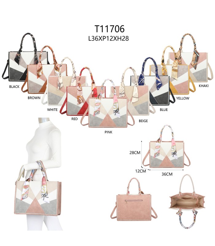 T11706 - Bolso de motivo triangular de colores para mujer con asa y pañuelo muy bonito